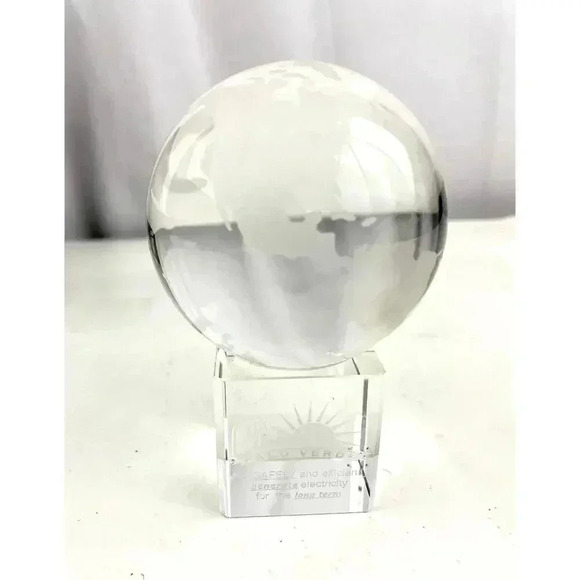 VTG Crystal Tabletop Etched Earth Globe W/Base Stand Blue Velvet Box - Picture 15 of 16